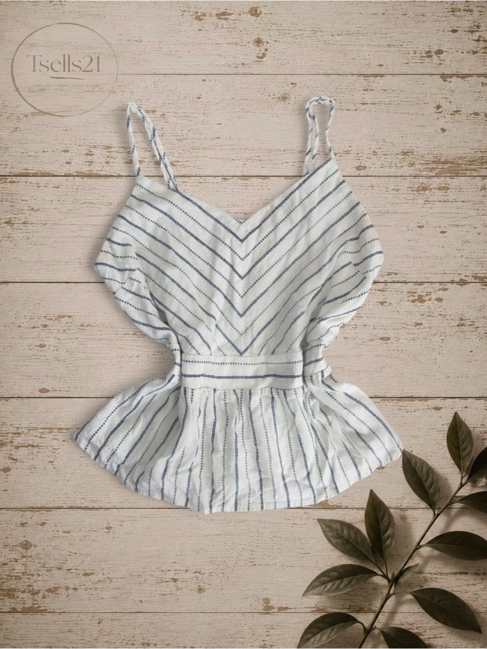 Monteau Los Angeles Blue Striped Linen Blend Peplum Cami Top - Size L